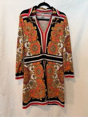 Vintage Cache Bold Baroque Print Shirtdress / Sheath in Coral, Black & Gold Sz L